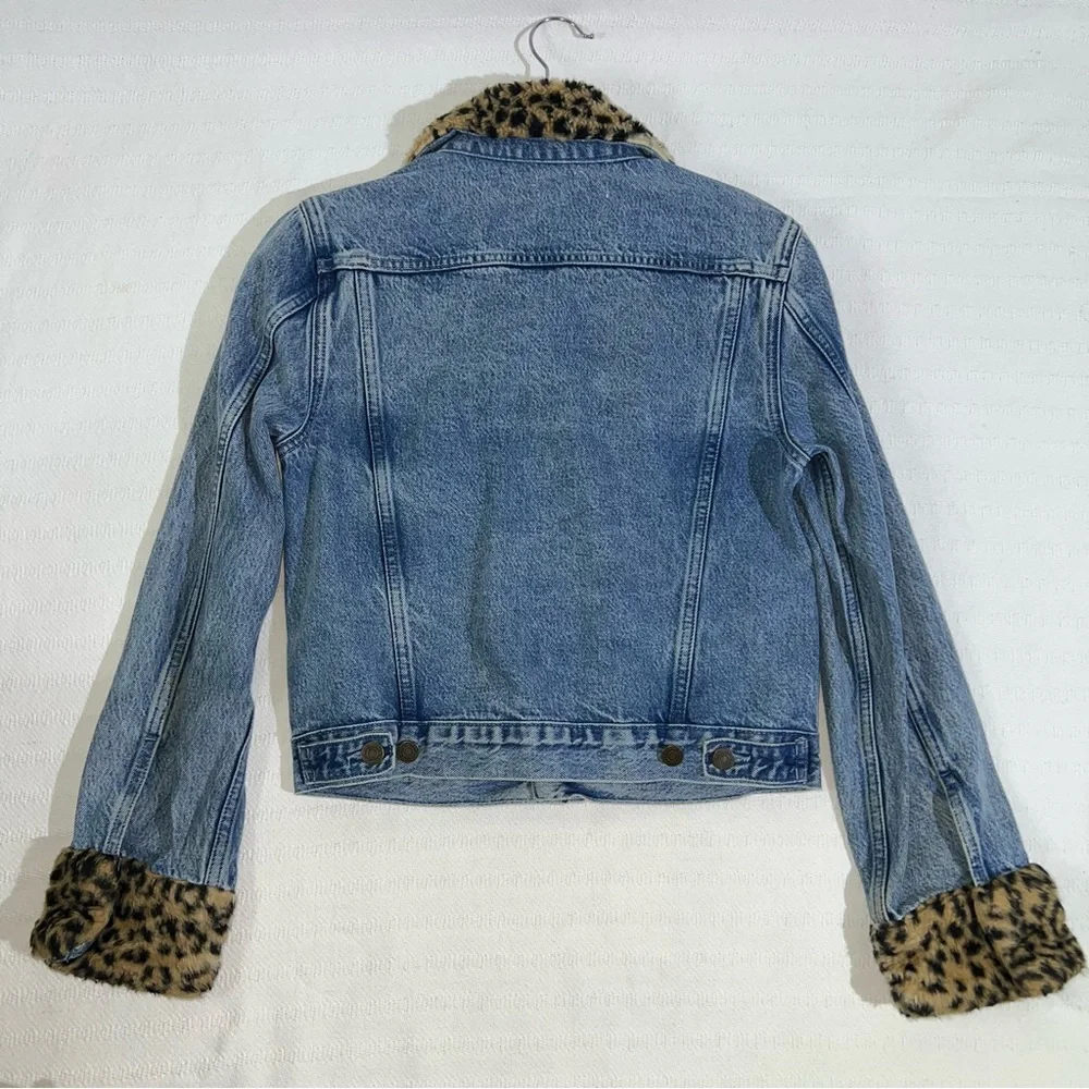 Reformation Womens Denim Jacket Size XS Leopard Print Faux Fur ASO Celebrities - Picture 3 of 9